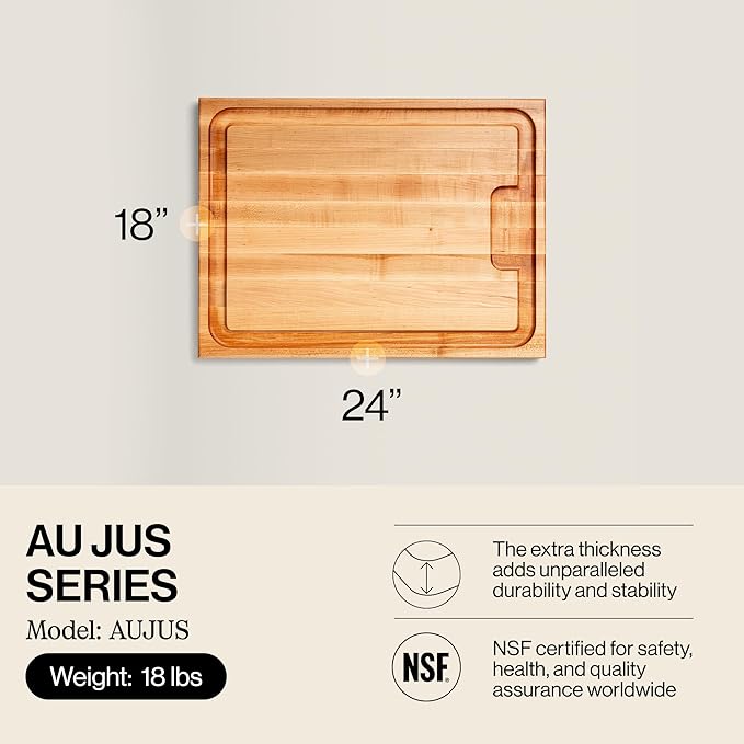 John Boos Aujus Series Rectangular Wooden Maple Cutting Board 24”x18” – 1.5” Thick, 18-lb Reversible Butcher Block with Sloped Juice Groove, Edge-Grain & Finger Grips – Made in the USA