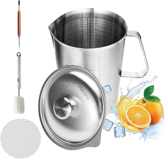 Large Stainless Steel Pitcher with Lid, 8.5 Cup Milk Frothing Jug with Handle，70 oz Metal Measuring Cup，2 L Water Pitcher for Espresso Machines, Latte Art, Iced Tea, Hot and Cold Water (70 oz, A)