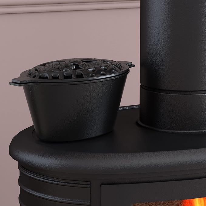 Fire Beauty Woodstove Steamer Stove Humidifier Cast Iron Lattice Top Rust Resistant 2.3 Quart Capacity (wolf)