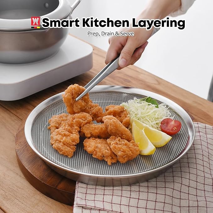 Stainless Steel Mesh Tray Set with Drip Pan, Air Fryer Basket and Tray, Kitchen Colander, Vegetable and Fruit Strainer, Food Filter, BBQ Prep Tool, Fruit Serving Dishes (9.84 inch)