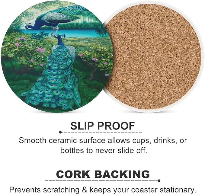 Round-4PCS Peacock Drink Coasters, Round Modern Ceramic Absorbent Coasters, Vintage Tree Branch Beautiful Plant Floral Green Peacock Decor Desk Coffee Table Coaster for Beverage Cup Tea Coasters