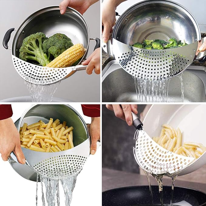 3pcs Stainless Steel Pot Strainer, Crescent Pasta Strainer Fits up to 9" Pots for Noodles, Fruit, Veggies