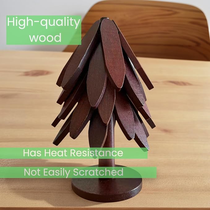 Tree Shape Trivet Set,Natural Wooden Walnut Color,5 Wooden Trivets + 1 Stand for Hot POTS、Bowls、Hot Dishes、Teapot，Foldable Kitchen Decor.