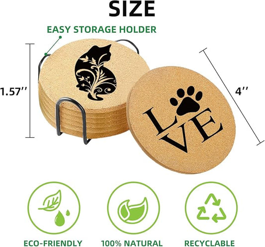 Coasters for Drinks with Holder Set of 6, Cat Paw Coaster for New Home Couples House Warming Gifts Absorbent Cork Wood for Cup Desk Coffee Table Office Kitchen Decor, Round 4"