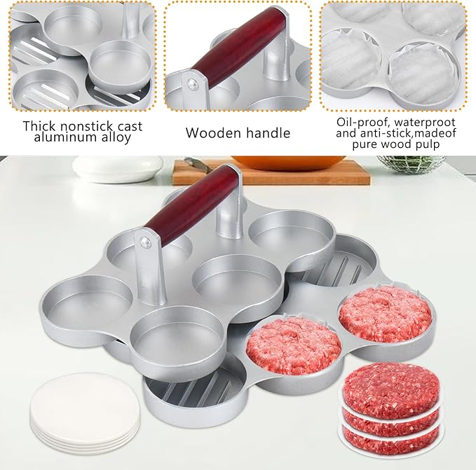 Mini Burger Press Small Meat Patty Maker with 300 Patty Papers Round Shape Press Patty Maker for Mini Hamburger, Barbecue, Picnic, Camping, Six 2.64-inch Slots