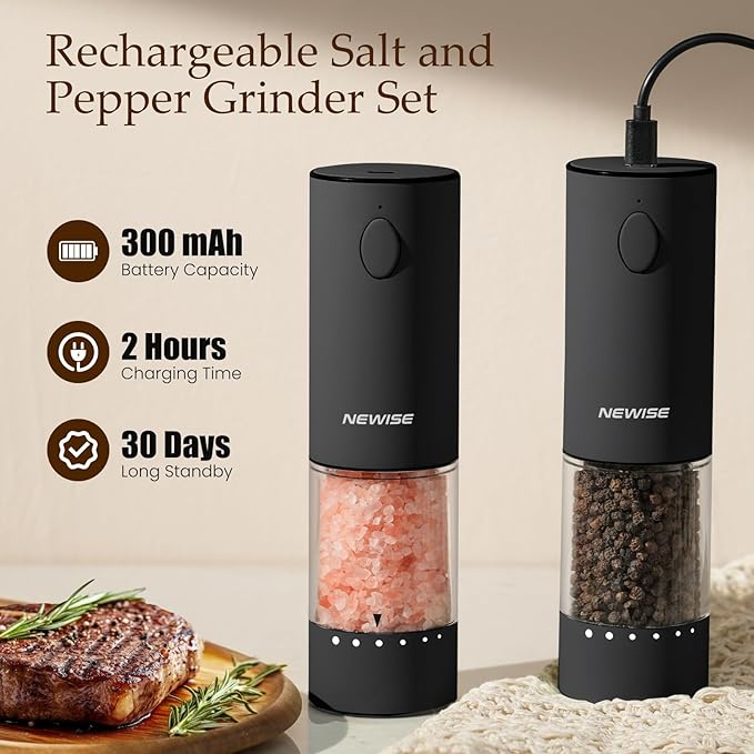 Electric Salt & Pepper Grinder Set, Rechargeable with LED Light & External Coarseness Adjustment, One-Hand Operation, Valentines Day Kitchen Gifts for Him Home Cooks & Families - Black