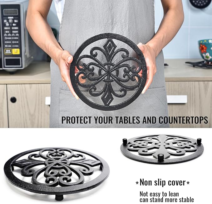 Sungmor Heavy Duty Cast Iron Trivet – 8 Inch Round Metal Hot Pot Stand, Rust-Resistant Heat Protector for Kitchen, Dining Table & Countertop, Black Vintage Decorative Hot Plate Pad
