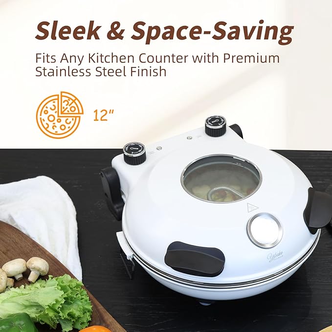 YIBAKE 12" Electric Pizza Oven - Countertop Pizza Maker with Ceramic Stone, Heats up to 800°F, Portable Indoor Pizza Oven for Homemade Pizzas, White