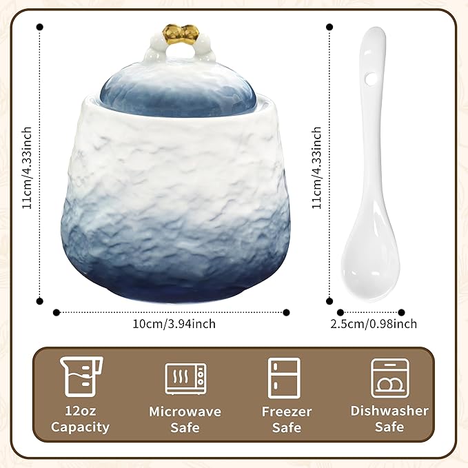 Ceramic Sugar Bowl with Lid and Spoon,12oz Sugar Bowl with Gradient Texture, Sugar Container with Lid and Spoon Sugar Jar for Coffee Station Accessories,Dishwasher & Microwave Safe,Blue