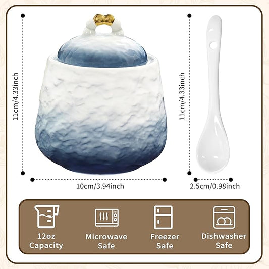 Ceramic Sugar Bowl with Lid and Spoon,12oz Sugar Bowl with Gradient Texture, Sugar Container with Lid and Spoon Sugar Jar for Coffee Station Accessories,Dishwasher & Microwave Safe,Blue