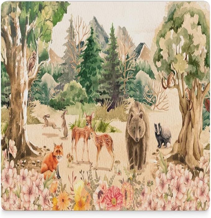 Forest Drink Coasters, Square Ceramic Drink Coaster 6PCS, Retro Mountain Forest Nature Tree Woodland Flower Animal Bear, Deer Decor Absorbent Ceramic Coasters for Beverage Cup, Bar, Coffee Table