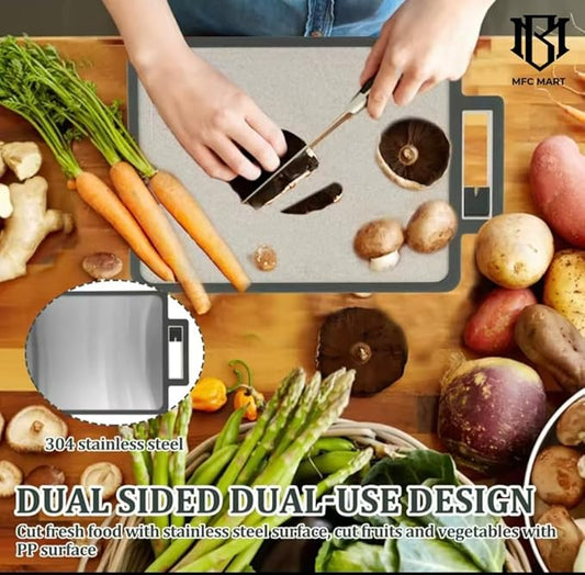 Double sided Stainless Steel Cutting Board with knife sharpner, Stainless steel/wheat Straw pp Kitchen Chopping Board, Easy to Clean,juice grooves and Dishwasher Safe16"×11"