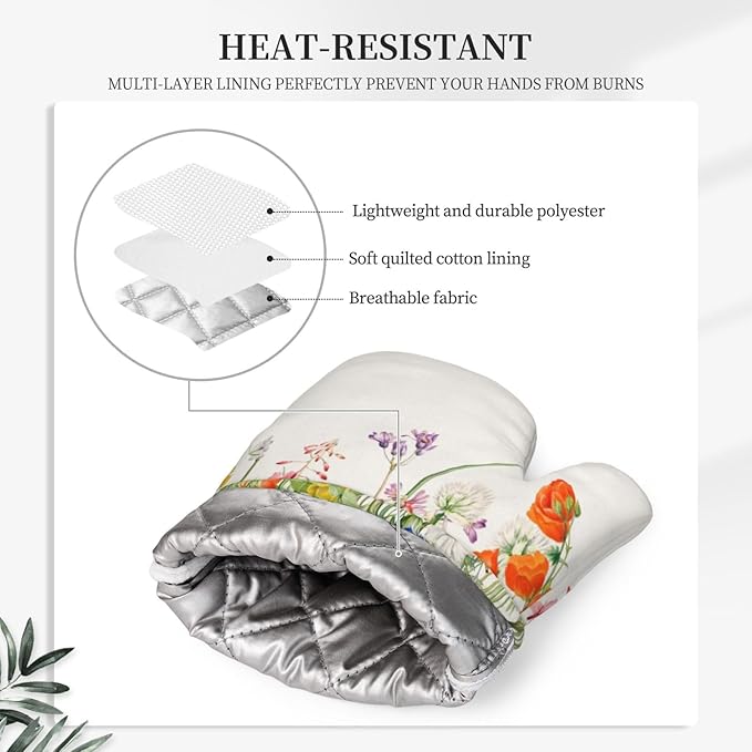 Colorful Floral Silicone Oven Mitts and Pot Holders Sets Vintage Botanical Floral Plant Kitchen Mitts Potholder Kitchen Accessories for Cooking Baking BBQ