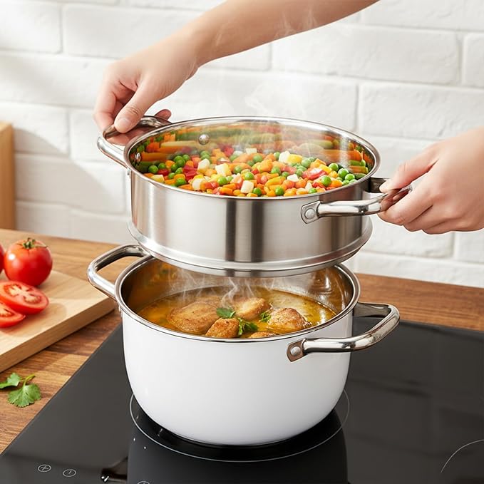 2 Tier Steamer Pot with Lid, 4 Quart Stainless Steel Food Steamer for Cooking, Multipurpose for Vegetable, Dumpling, Sauce, Pasta
