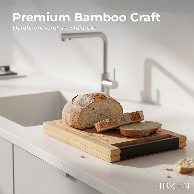 Multifunctional Bamboo Cutting Board – Minimal Scandinavian Design, 5-in-1 Foldable Kitchen Chopping Board with Stainless Steel Inlet & Grooves for Bread, Vegetables, Meat, and Fish