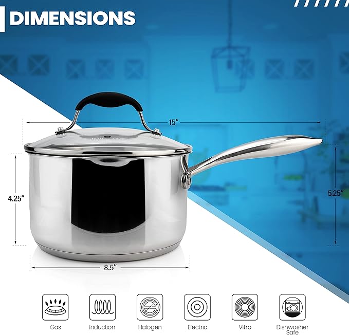 AVACRAFT Stainless Steel Saucepan with Glass Strainer Lid, Two Side Spouts for Easy Pour with Ergonomic Handle, Multipurpose Sauce Pot (5-Ply Capsule Bottom, 3.5 Quart)