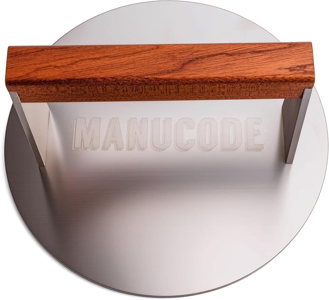 Manucode Smash Burger Press 8 Inch, 3.1 Lb Burger Smasher, Heatable for Searing Panini, Steak, Chicken, Salmon, Stainless Steel Bacon Press, Flat Bottom, Seasoning Free, Wooden Handle No Spin