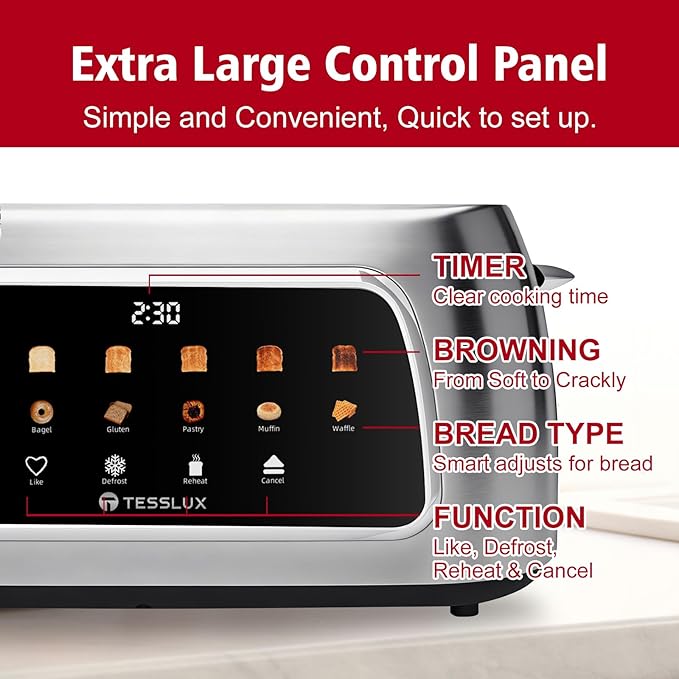 Tesslux 4 Slice Toaster with Touch Screen Control, 1.5" Wide Long Slots, 6 Browning Levels & 6 Bread Types, Digital Timer, Memory, Defrost, Reheat (SILVERY)