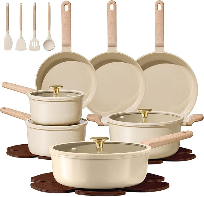 CAROTE 22Pcs Pots and Pans Set Non stick, Ceramic Cookware Set, Non-toxic Kitchen Cooking Set, PFAS and PFOA Free