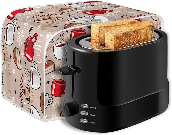 Annejudy Coffee Pattern Toaster Cover 2 Slice Dustproof Toaster Bread Maker Cover Small Kitchen Appliance Fingerprint Protection Kitchen Decor