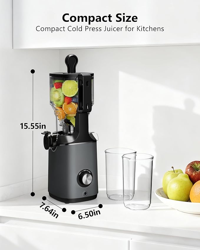 Cold Press Juicer, EUHOMY 5.6" Wide Feed Chute Juice Extractor Machine with 400W, High Juice Yield, Slow Masticating Juicer for Whole Vegetables & Fruits, Deep Gray