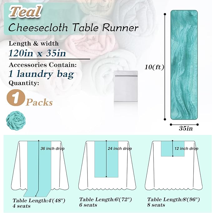 Teal Cheesecloth Table Runner 1 Pack 35" Boho Gauze 120 inches Long Runner Rustic Sheer Fabric Bulk for Baby Shower Wedding Bridal Birthday Party Picnic Table Decorations