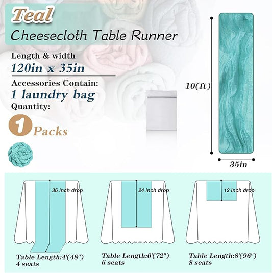 Teal Cheesecloth Table Runner 1 Pack 35" Boho Gauze 120 inches Long Runner Rustic Sheer Fabric Bulk for Baby Shower Wedding Bridal Birthday Party Picnic Table Decorations