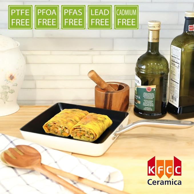 ValenCera TeChef Collection | Ceramic Nonstick Egg Frying Pan, Nontoxic - Nontoxic - Free of PFAS, PFOA, PTFE, Made in Korea (Square Pan)