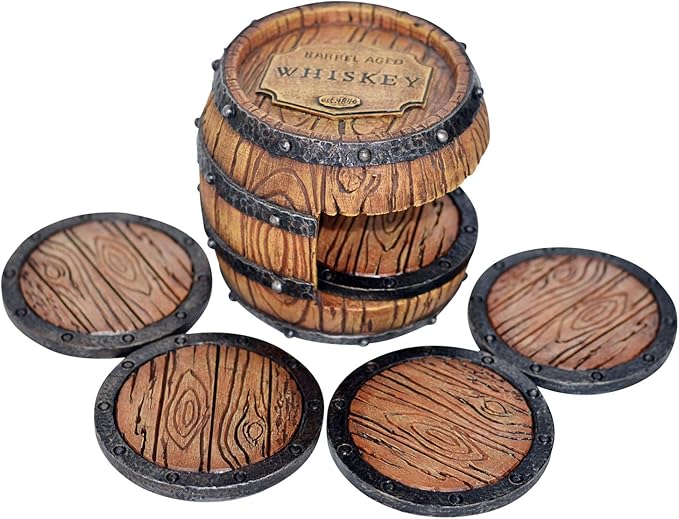 Pine Ridge Whiskey Bourbon Barrel Coaster Set - 5 Rustic Pieces for Bar Decorations for Home, Coasters for Men, Ideal Bar Coasters for Whiskey and Bourbon Drinkers, Man Cave Essentials