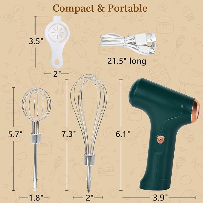 CHIDOYII Cordless Hand Mixer, Handheld Electric Whisk with 3 Speed Modes, Hand Held Egg Beater with 2 Detachable Stir Whisks (Green)