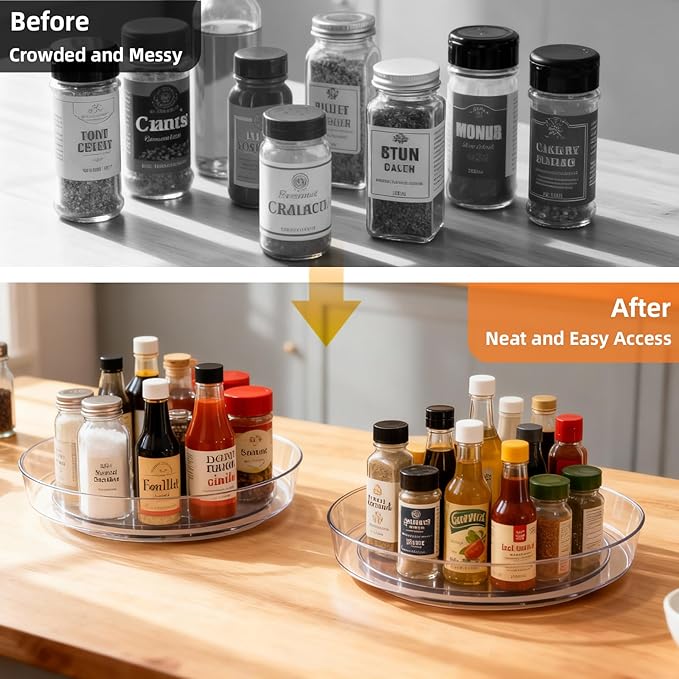 Lazy Susan Turntable for Spice Organization | Clear BPA-Free Plastic Rotating Organizer for Kitchen Cabinet, Pantry, Countertop, Fridge | 360-Degree Rotating Base (10 inch - 4 Pack)