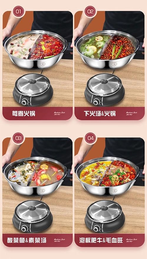 YONGXIN Electric Hot Pot 30cm with Divider 304 Stainless Steel, 1400W Dual-Sided Shabu Hot Pot, 5 Liters (HS-160BU)