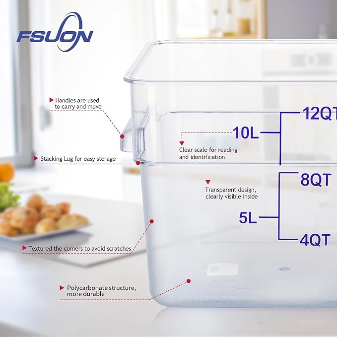 FSUON 4 Pack Clear Food Storage Containers with Lids and Handles Polycarbonate Square Commercial Food Containers, NSF (12Qt)