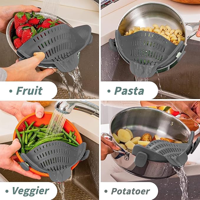 Silicone clip-on strainer for all pots and pans, clip-on food strainer for meat, vegetables, fruits and pasta strainer, heat resistant, kitchen gadget, colander