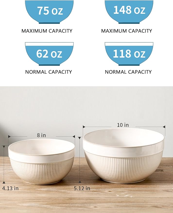 Ceramic Large Yellow Stripe Mixing Bowls for Kitchen, Set of 2 Big Serving Bowls for Cooking, Popcorn, Salad, Soup, Baking, Dough Bread Making Bowl, 10 inch + 8 inch, White