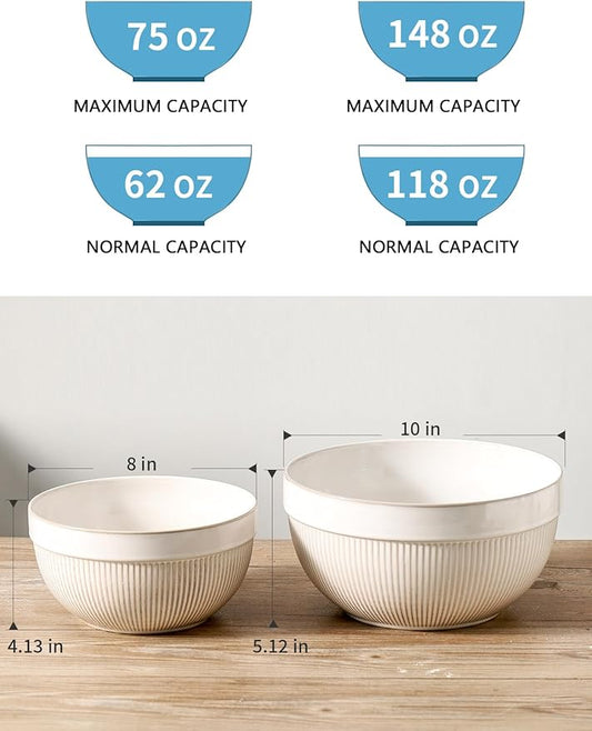 Ceramic Large Yellow Stripe Mixing Bowls for Kitchen, Set of 2 Big Serving Bowls for Cooking, Popcorn, Salad, Soup, Baking, Dough Bread Making Bowl, 10 inch + 8 inch, White