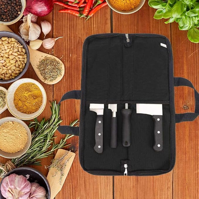Knife Roll,Heavy Duty Knife Bag,Waxed Canvas knife Case with 4 Slots for Knives & Kitchen Tools,Chef Knife Bag with Handle.Portable Knife Roll Bag for Stroage Home Traveling Camping.Case Knives Pouch
