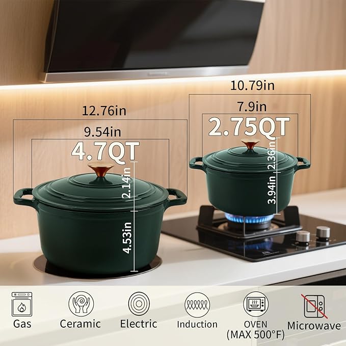 Tastedeli Enamel Cast Iron Dutch Oven with Lid, Round Casserole Pot for Bread Baking, Braising, Roasting, and Stews, Heavy-Duty, Oven Safe, Induction Compatible (4.7QT,Green)