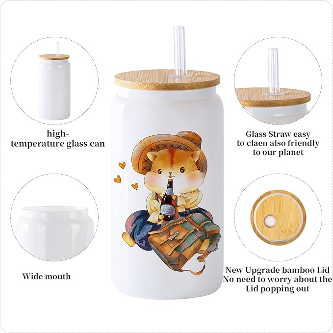 YOUKE OLA 20 Pack Sublimation Blank White Glass Cans Sublimation Beer Glass Cups with Bamboo Lids Borosilicate Glasses Tumbler Mason Jar Cups Mug with Straw for Beer, Juice, Drinks 16oz White