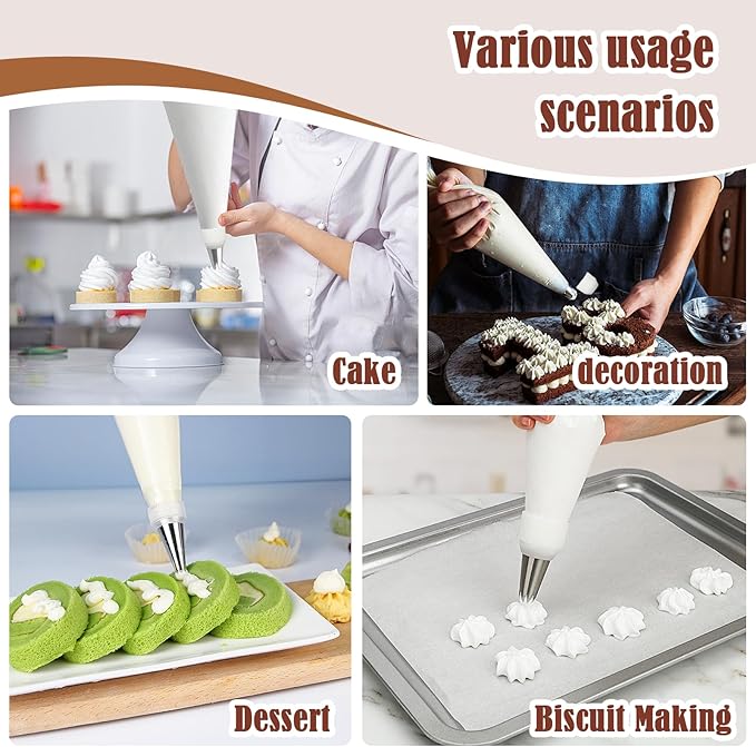 14-Piece Reusable Piping Bags and Tips Set- Cotton Baking Kit with Coupler, Stainless Steel Nozzles,Silicone Cable Ties& Cleaner for Cakes/Cupcakes/Cookies Decorating (14)