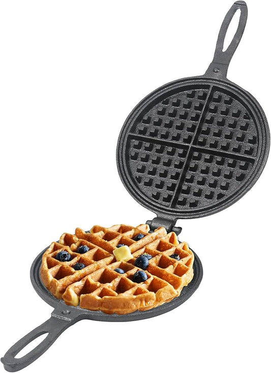 Cast Iron Waffle Maker - 8 inch Round Stovetop Waffle Iron, Two Piece Hinged Non-Electric, Quick Heating, Easy Clean