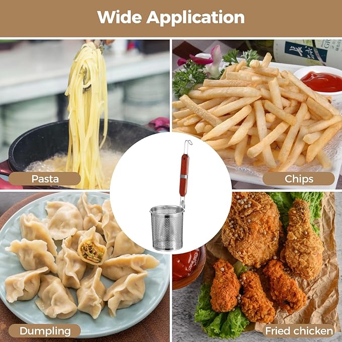 Stainless Steel Pasta Strainer 4 Pcs, Noodle Dumpling Strainers, Blanching Baskets with Red Wood Handle, Mesh Kitchen Tool Set, 4.7×5.5in（W×H）