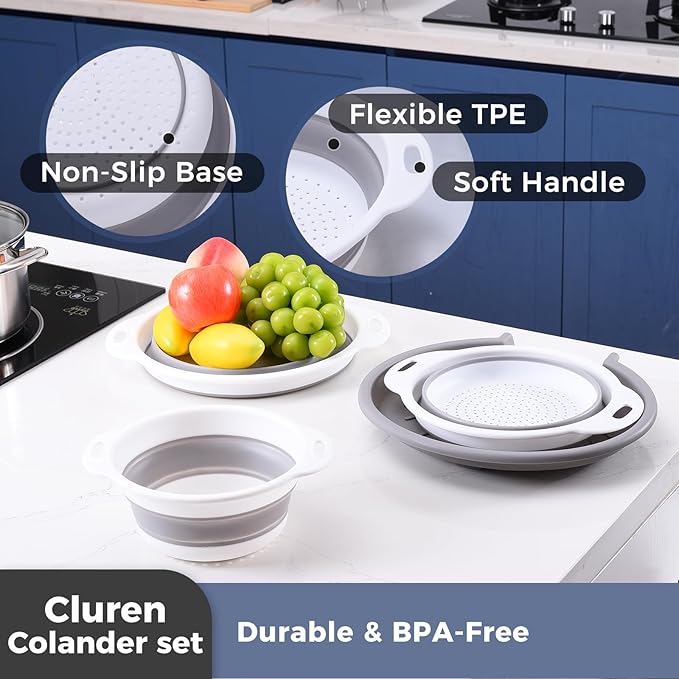 Collapsible Colander Set with Oversized Draining Tray | 3-Pack Foldable Kitchen Strainers + Base | Space Saving for Pasta, Veggies, Fruit & Rice | 5 Colors (Gray-White)