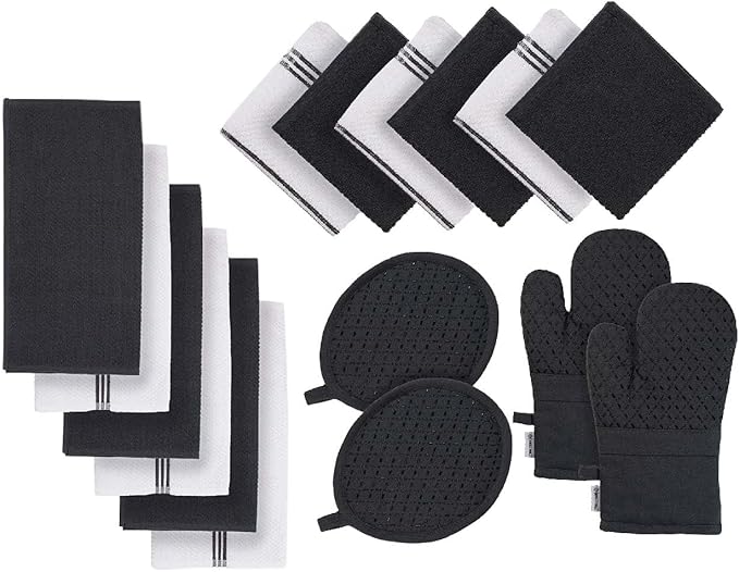 LANE LINEN Kitchen Towels and Dishcloths Sets - 16 Pc Kitchen Essentials for New Home, Heat Resistant Silicone Oven Mitts & Pot Holder, Absorbent Terry Hand Towels & Dish Towel - Grey