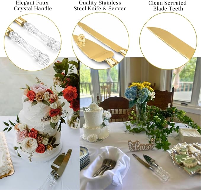 Adorox Elegant Cake Knife and Server Set - Stainless Steel with Crystal Handle - Perfect for Weddings & Anniversaries,and Special Celebrations (Gold)