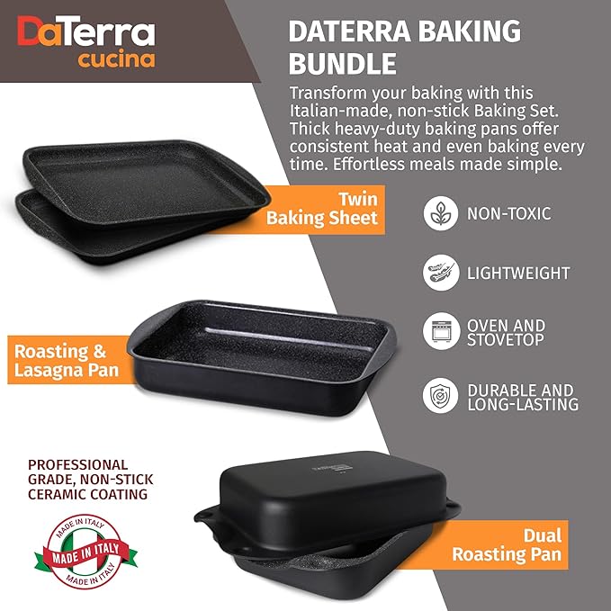 DaTerra Cucina Nonstick Baking Bundle – Roasting & Lasagna Pan, Twin Pack Ceramic Baking/Cookie Sheets, Dual Covered Roasting Pan Set – Made in Italy, Volcanic Black
