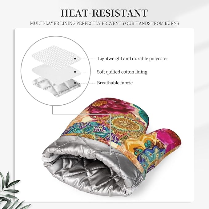 Oven Mitts and Pot Holders Boho Colorful Flower Silicone Kitchen Accessories Set of 4 Heat Resistant Long Gloves Potholder Non-Slip Grip for Chef Cooking Baking Grilling BBQ
