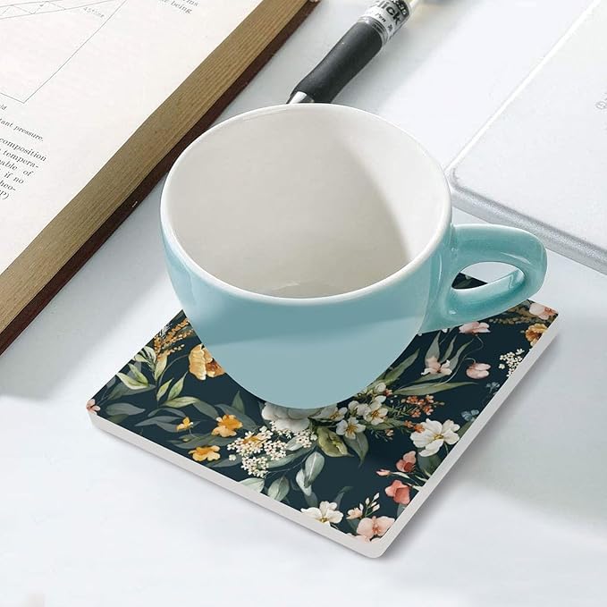 Square-6PCS Floral Drink Coasters, Square Modern Ceramic Absorbent Coasters, Watercolour Leaf Flower Herb Nature Plant Floral Decor Desk Coffee Table Coaster for Beverage Cup Tea Coasters
