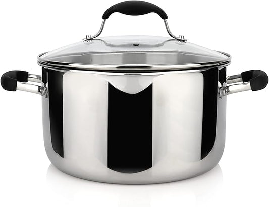 AVACRAFT Tri-Ply Stainless Steel Stockpot with Glass Strainer Lid, Side Spouts, 6 Quart Multipurpose Sauce Pot