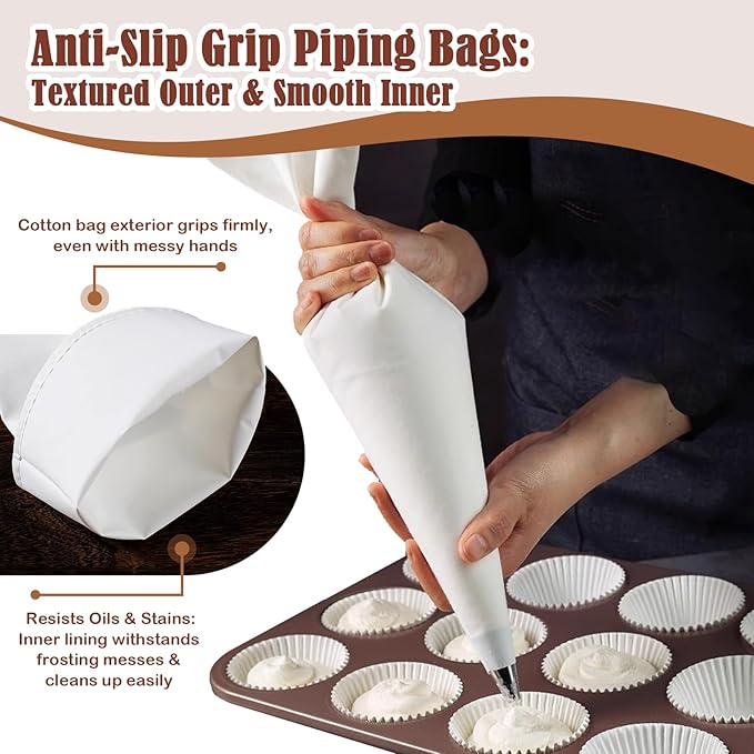 14-Piece Reusable Piping Bags and Tips Set- Cotton Baking Kit with Coupler, Stainless Steel Nozzles,Silicone Cable Ties& Cleaner for Cakes/Cupcakes/Cookies Decorating (14)